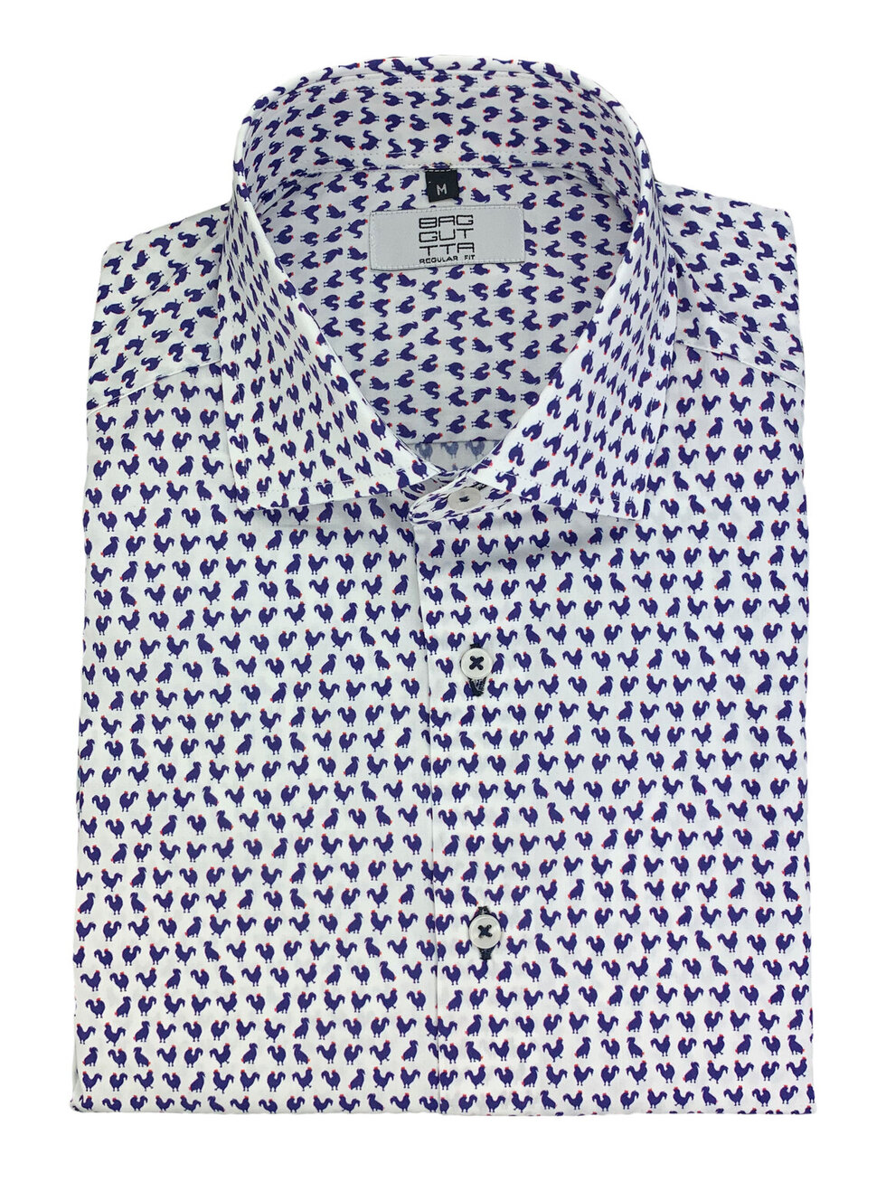 WHITE SHIRT BLUE ROOSTER PATTERN