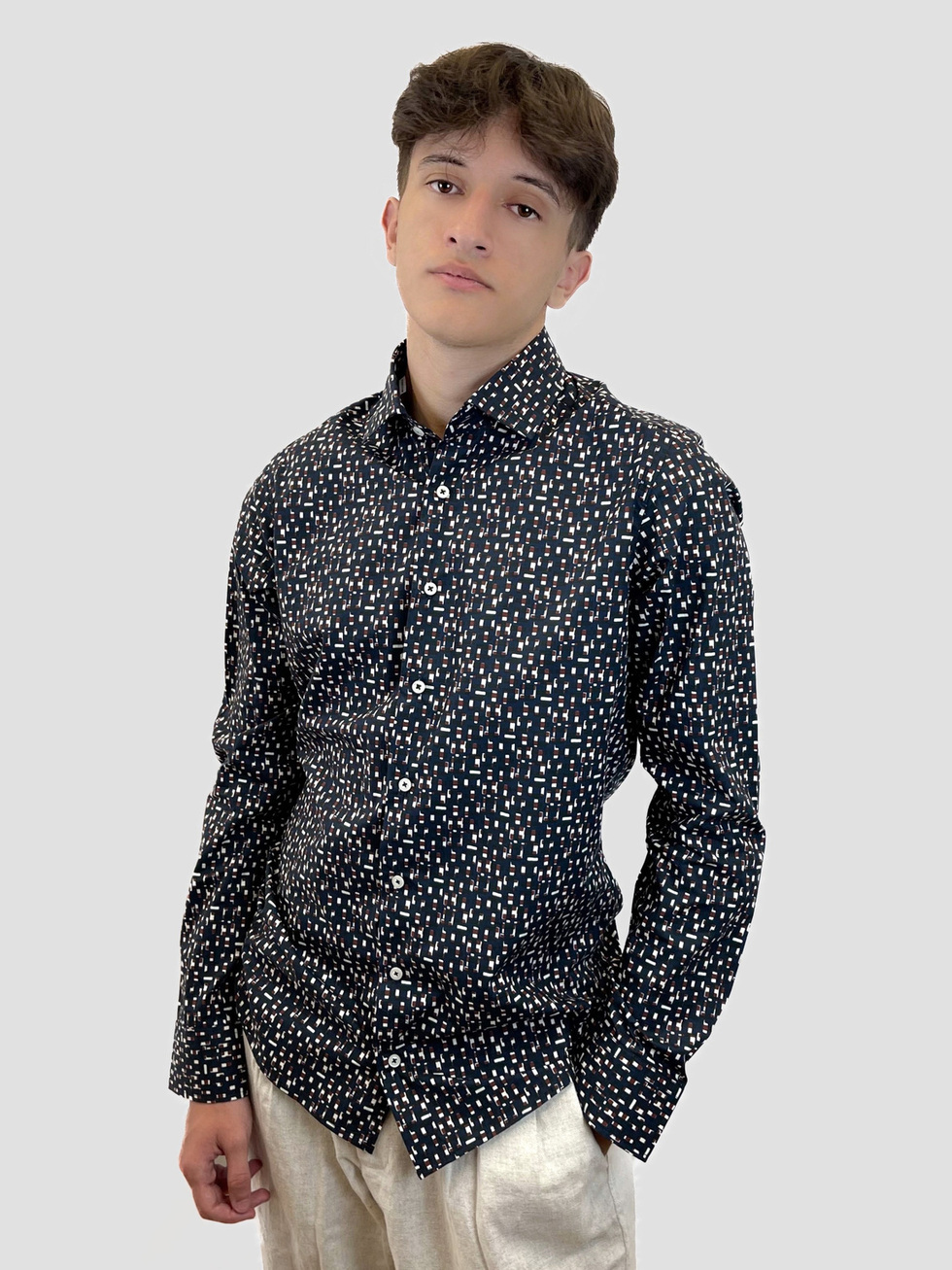 DARK BLUE SHIRT WITH WHITE BROWN PRINT